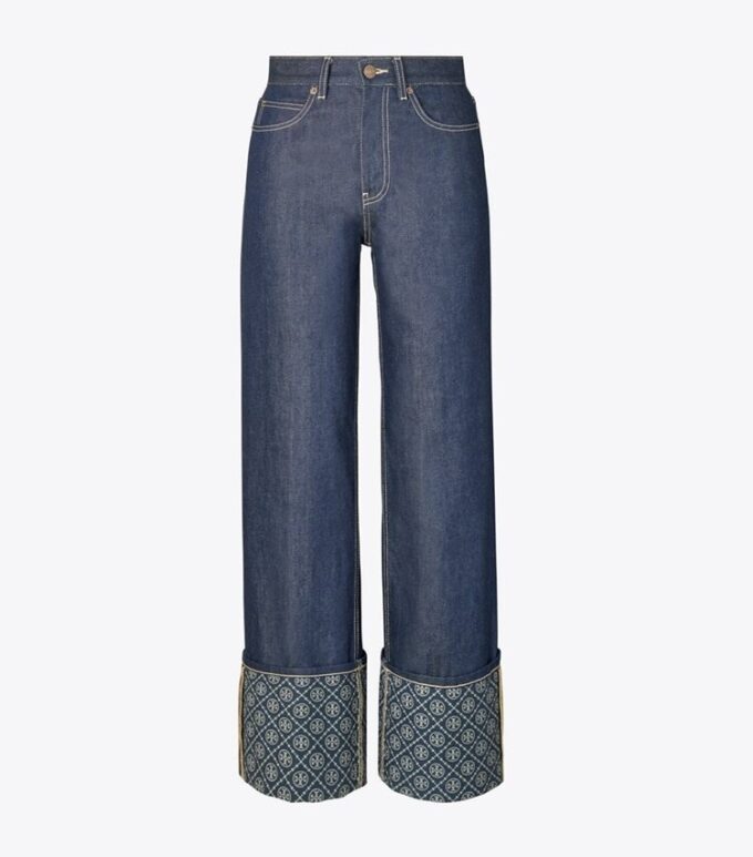 Jean droit à revers contrastés et T Monogram