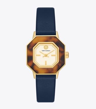 Montre Sawyer octogonale, cuir bleu marine/acier inoxydable doré, 28 x 32 mm