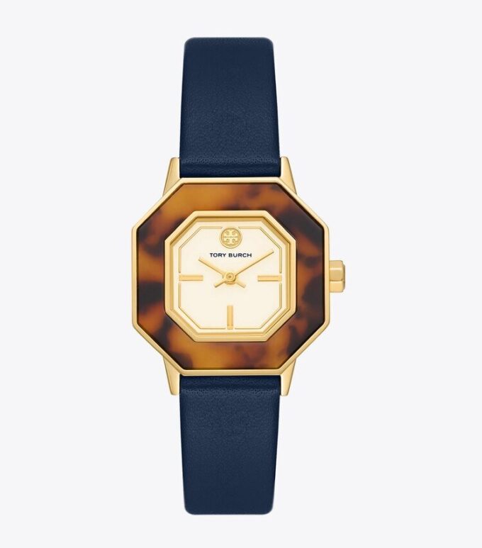 Montre Sawyer octogonale, cuir bleu marine/acier inoxydable doré, 28 x 32 mm Montre Sawyer octogonale, cuir bleu marine/acier inoxydable doré, 28 x 32 mm