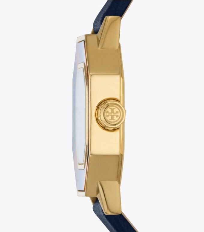 Montre Sawyer octogonale, cuir bleu marine/acier inoxydable doré, 28 x 32 mm Montre Sawyer octogonale, cuir bleu marine/acier inoxydable doré, 28 x 32 mm