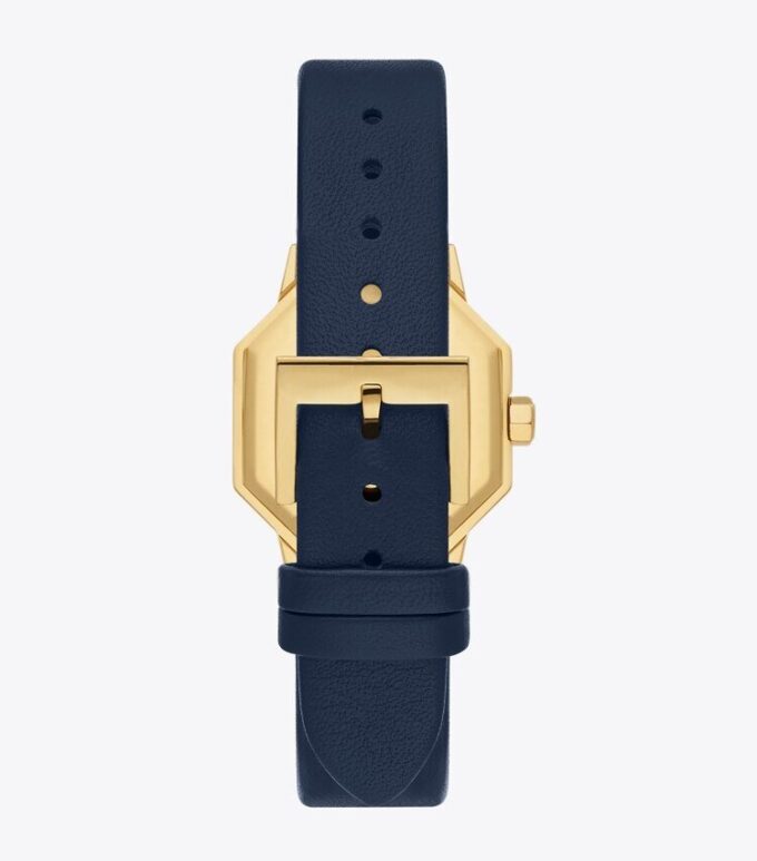 Montre Sawyer octogonale, cuir bleu marine/acier inoxydable doré, 28 x 32 mm Montre Sawyer octogonale, cuir bleu marine/acier inoxydable doré, 28 x 32 mm