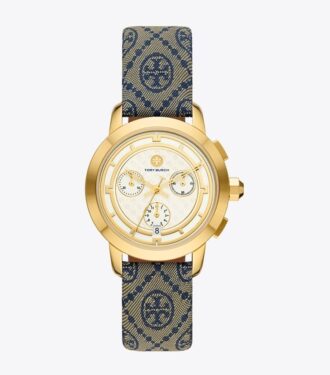 Montre Tory Monogram T, bleu marine/acier inoxydable doré, 37 x 37 mm
