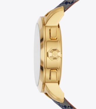 Montre Tory Monogram T, bleu marine/acier inoxydable doré, 37 x 37 mm