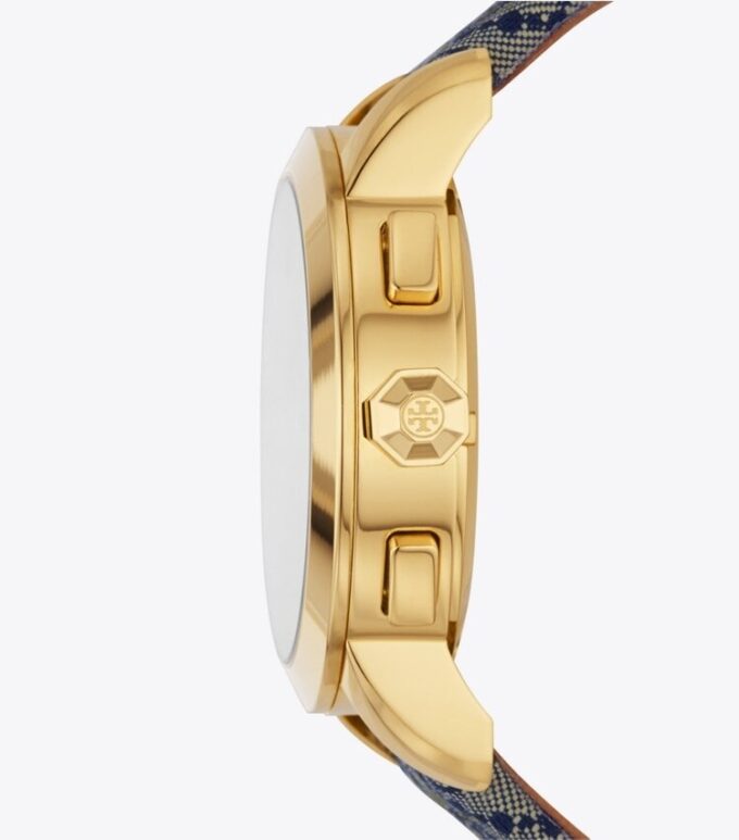 Montre Tory Monogram T, bleu marine/acier inoxydable doré, 37 x 37 mm Montre Tory Monogram T, bleu marine/acier inoxydable doré, 37 x 37 mm