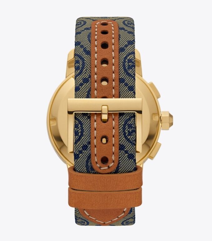 Montre Tory Monogram T, bleu marine/acier inoxydable doré, 37 x 37 mm Montre Tory Monogram T, bleu marine/acier inoxydable doré, 37 x 37 mm