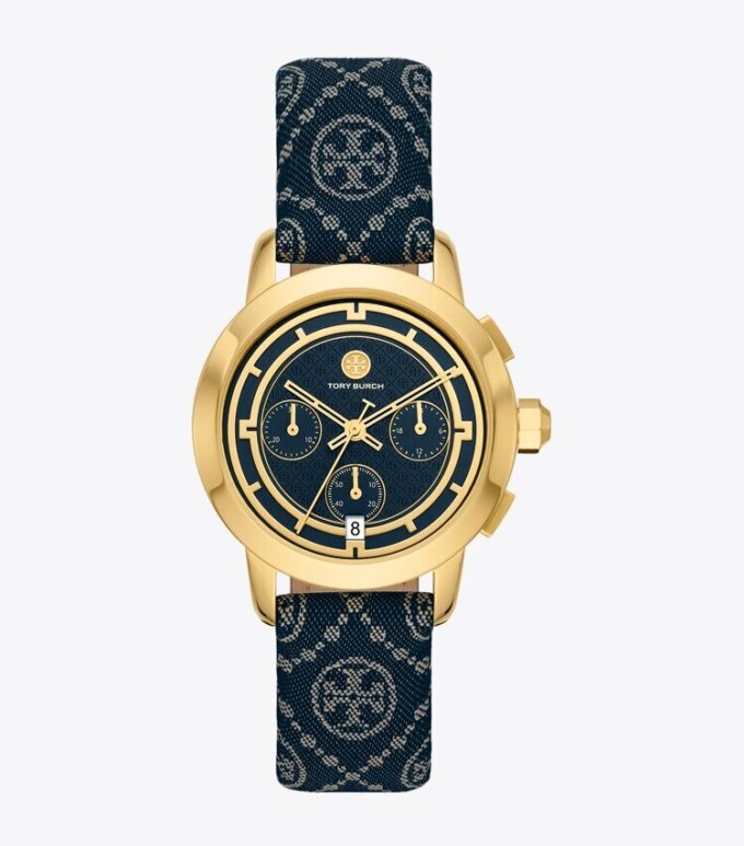 Montre Tory T Monogram, cuir/acier inoxydable doré Montre Tory T Monogram, cuir/acier inoxydable doré