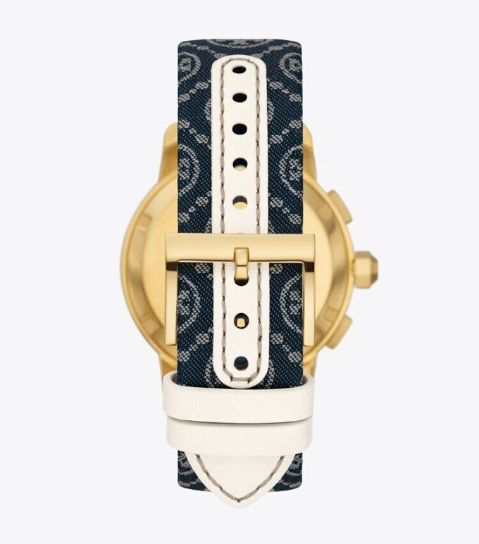 Montre Tory T Monogram, cuir/acier inoxydable doré Montre Tory T Monogram, cuir/acier inoxydable doré