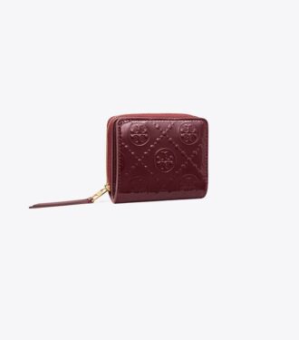 Portefeuille à deux volets en cuir verni embossé T Monogram