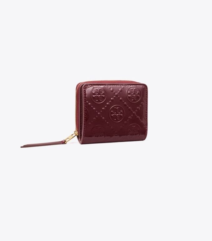 Portefeuille à deux volets en cuir verni embossé T Monogram Portefeuille à deux volets en cuir verni embossé T Monogram