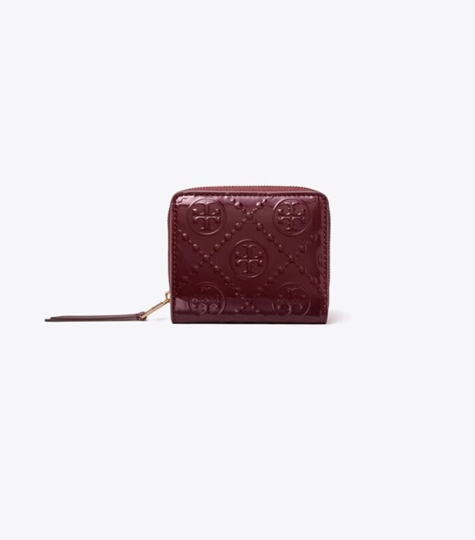 Portefeuille à deux volets en cuir verni embossé T Monogram Portefeuille à deux volets en cuir verni embossé T Monogram