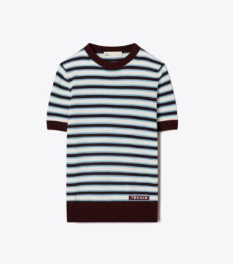 Pull de tennis à manches courtes et rayures en cachemire