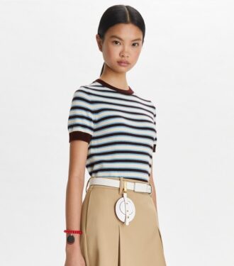 Pull de tennis à manches courtes et rayures en cachemire