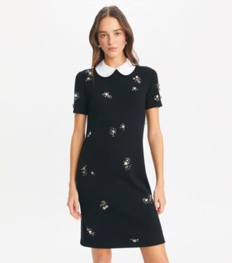 Robe-pull à col en popeline ornée