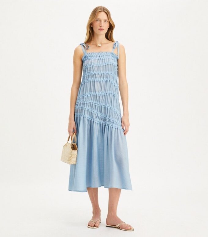 Robe smockée en viscose à bretelles nouées Robe smockée en viscose à bretelles nouées
