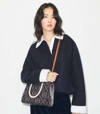 Sac cabas à poignées supérieures en cuir gaufré contrasté T Monogram T